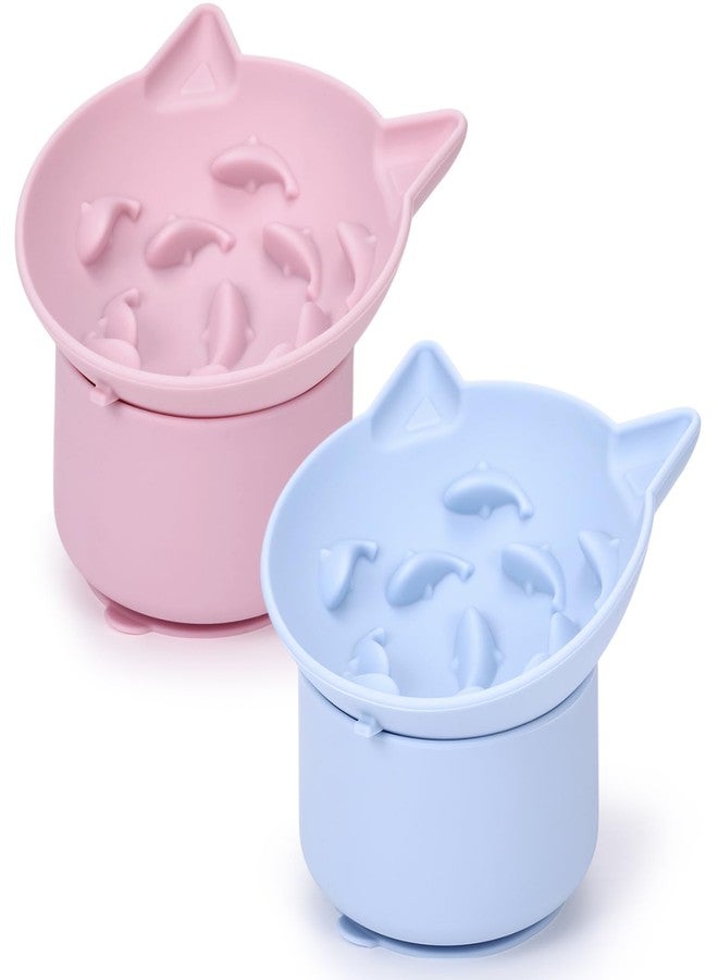 Funnymoom عبوة من قطعتين من أوعية الطعام البطيء المصنوعة من السيليكون من Funnymoom، وعاء طعام مرتفع للقطط مناسب للطعام الجاف والرطب، تصميم مائل بقاعدة مانعة للانزلاق، زاوية قابلة للتعديل للحيوانات الأليفة (وردي وأزرق) - Image 1